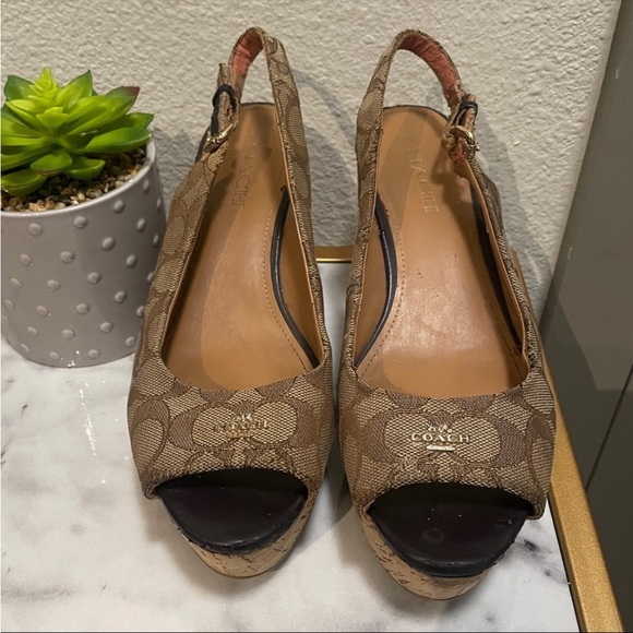 COACH Ferry Khaki Signature Canvas Open Toe Cork Platform Wedge Sandals - Picture 8 of 9